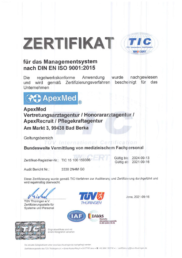 TÜV-Zertifikat für das Managementsystem nach DIN EN ISO 9001:2015